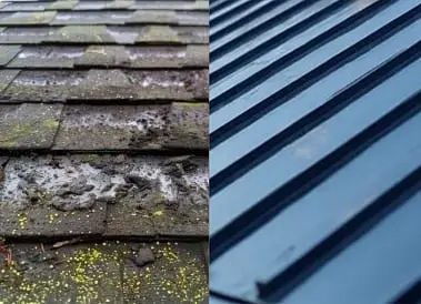 Roof shingle damage before and after cleaning and metal roof upgrade
